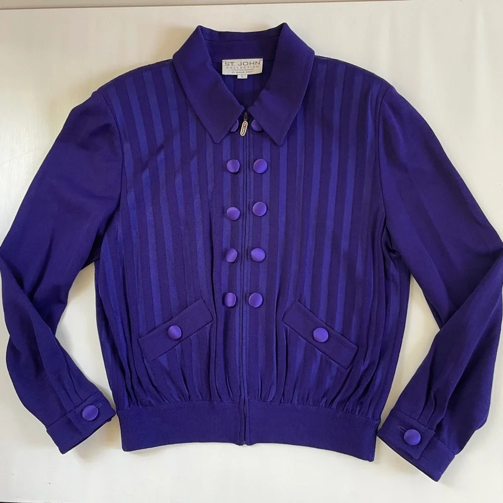St John Santana Knit Jacket Women Royal Purple Y2K Large Old Money Preppy Logo - Picture 2 of 16